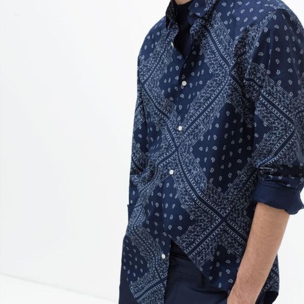 Zara Man Blue Bandana Print Button Down Sh…